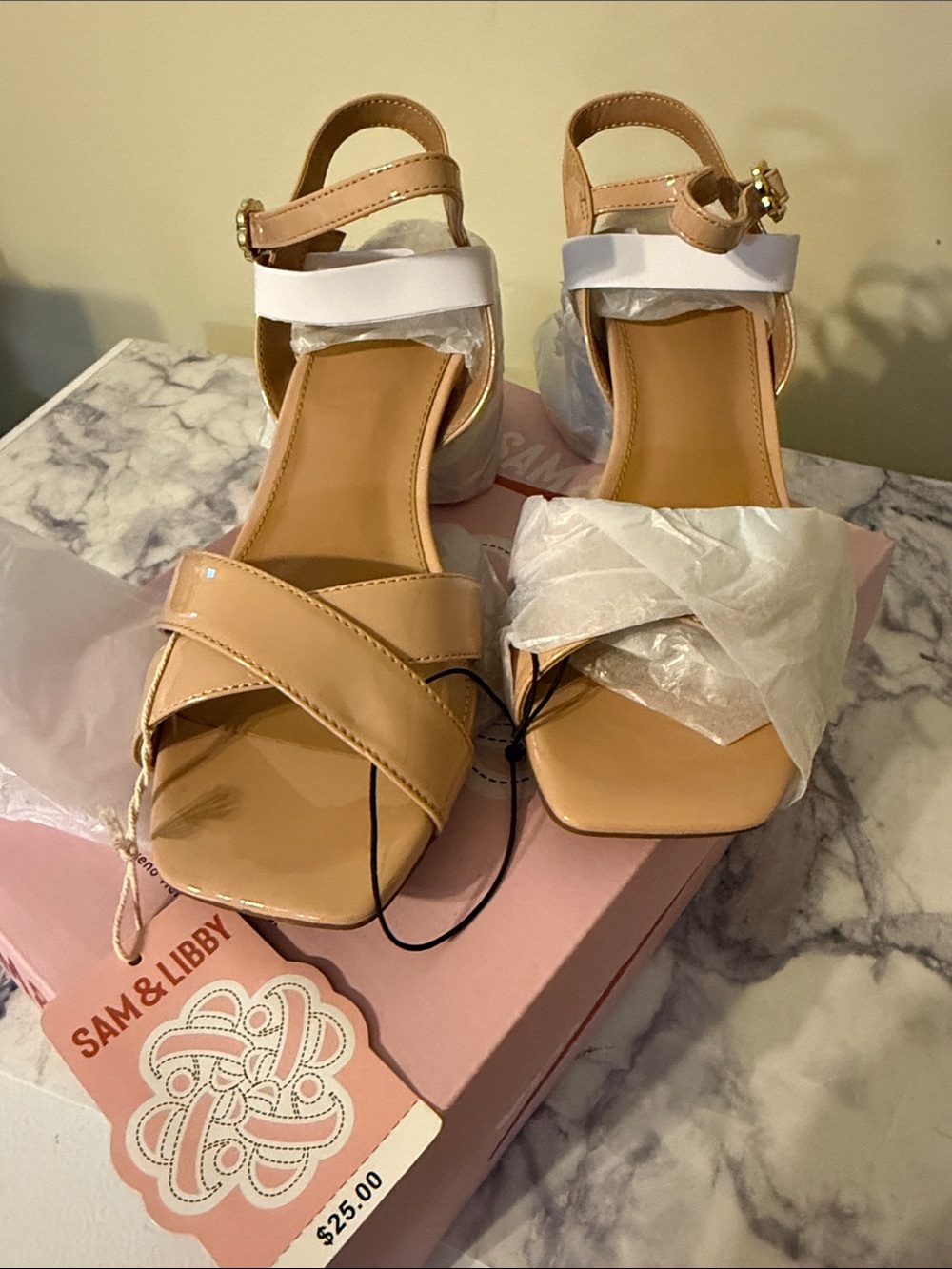 Sam & Libby Beige Patent Block Heel Sandals
